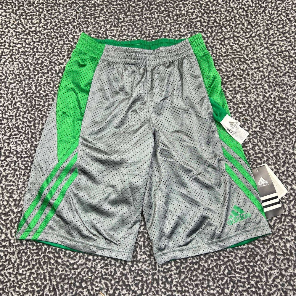 Adidas Athletic Shorts Youth Medium 11-12 Gray Green Reversible Outdoor New